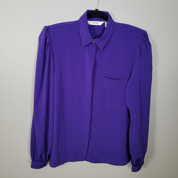 1980s purple puff sleeve statement blouse - Picture 6 of 8